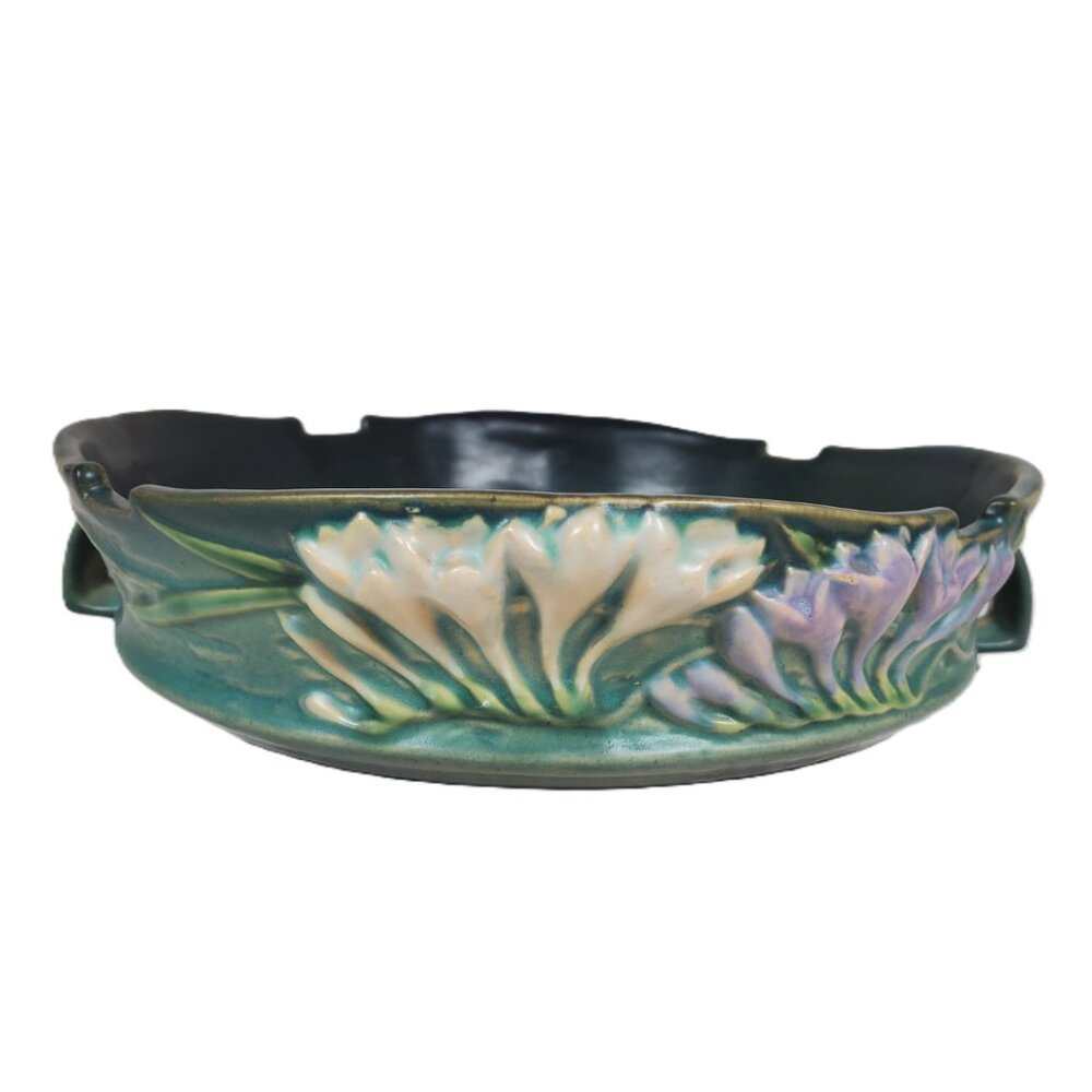 Roseville Pottery Freesia Bowl – 1940s Green Glaze – American Art Pottery